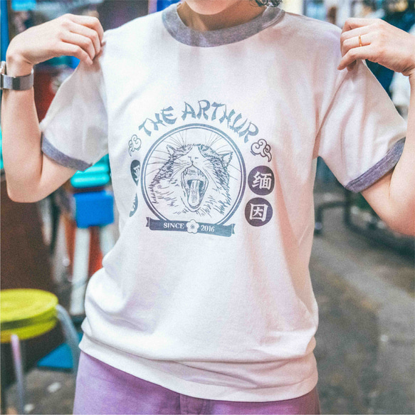 猫プリントリンガーTシャツ/ホワイト×グレー/ねこ/綿 100%/チャイナ/３カラー