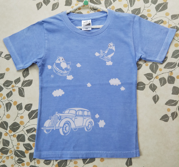 型染め120㎝動物子供Tシャツ ～パンダ&車～ 水色