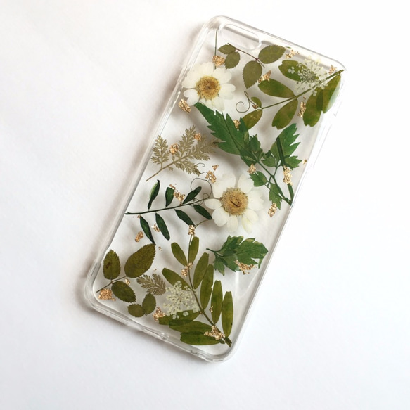 緑と白い：本物の花エンボス電話シェル押し花のphonecase