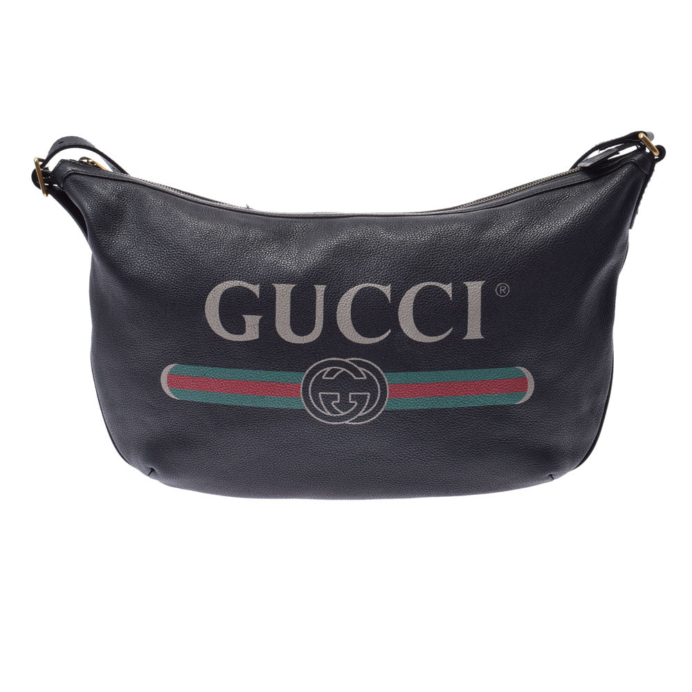 GUCCI グッチハーフムーンショルダーバッグ GUCCIプリント ホーボー  黒 ユニセックス レザー ショルダーバッグ 523588  中古