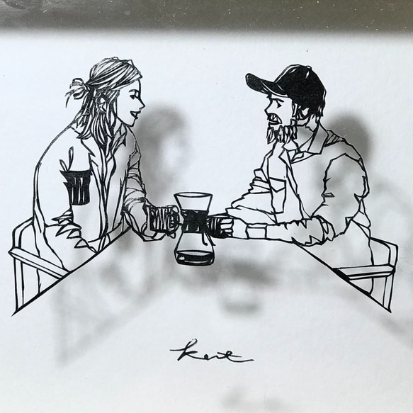 切り絵　ハガキサイズ「会話の時間」　コーヒー　夫婦　カップル　インテリア　プレゼント