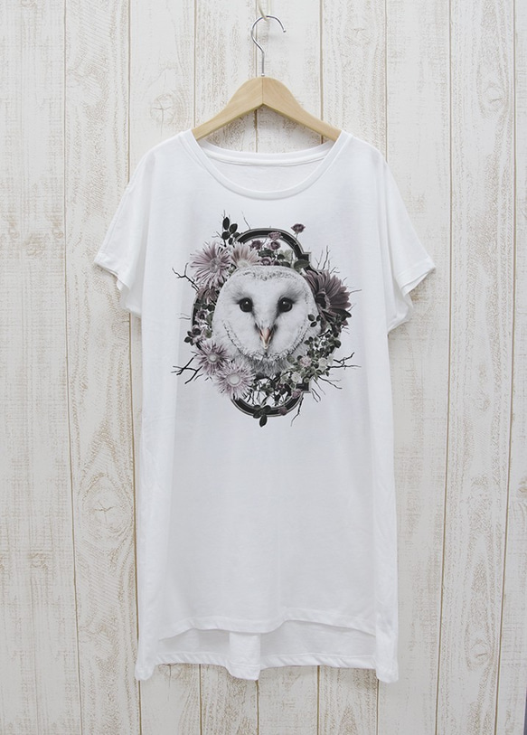 ronronBARNOWL ワンピースTee　Flower Frame（ホワイト） / R026-O-WH