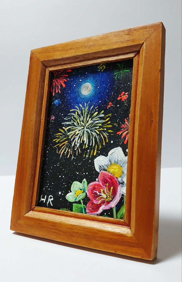 油絵 ミニ絵画額付き【冬の花火】