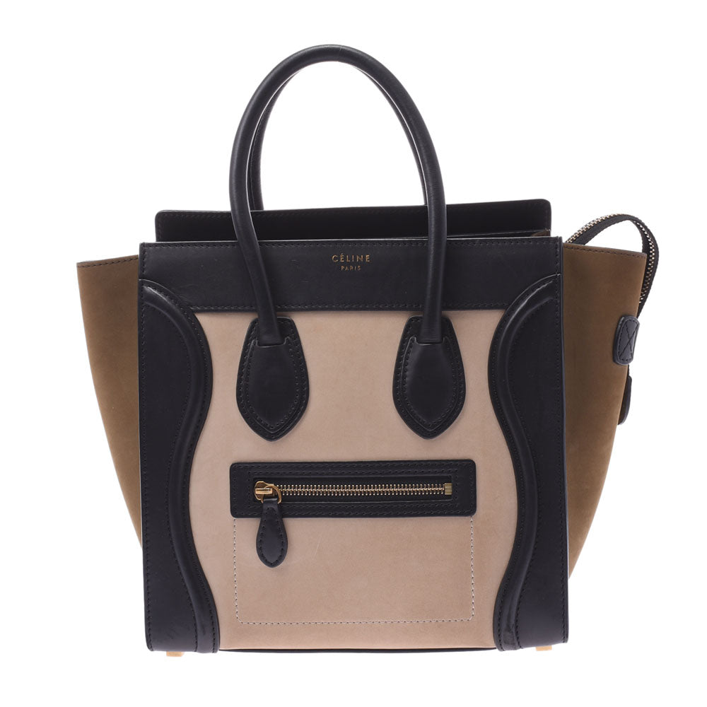 CELINE セリーヌ ラゲージ マイクロショッパー トリコロール 黒/ベージュ/カーキ レディース カーフ ハンドバッグ Bランク 中古 