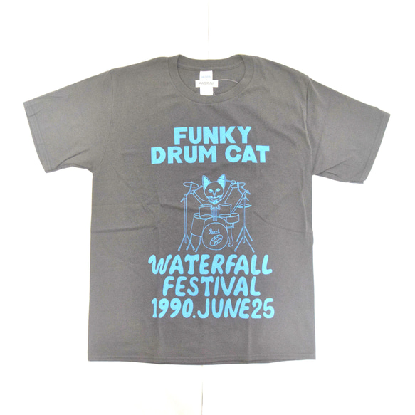 猫ツアーT「猫ドラム」（レコードワッペン）　チャコール　Lサイズ　22新色　WATERFALLオリジナル　生産数量限定品