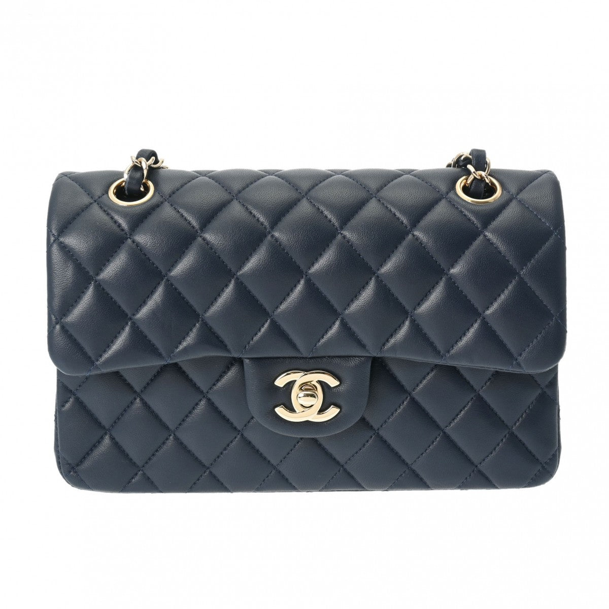 CHANEL シャネル マトラッセ チェーンショルダー 23cm Wフラップ ネイビー シャンパンゴールド金具 A01113 レディース ラムスキン ショルダーバッグ Aランク 中古 