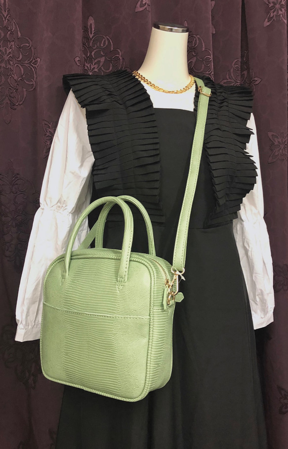 2way Square Shoulder Boston Bag (green) ショルダーバッグ 緑 きれいめ