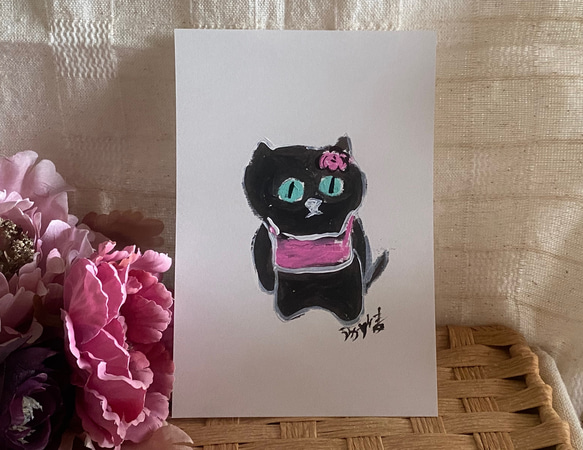 絵画。原画手描き【花をつけた黒猫ちゃん】