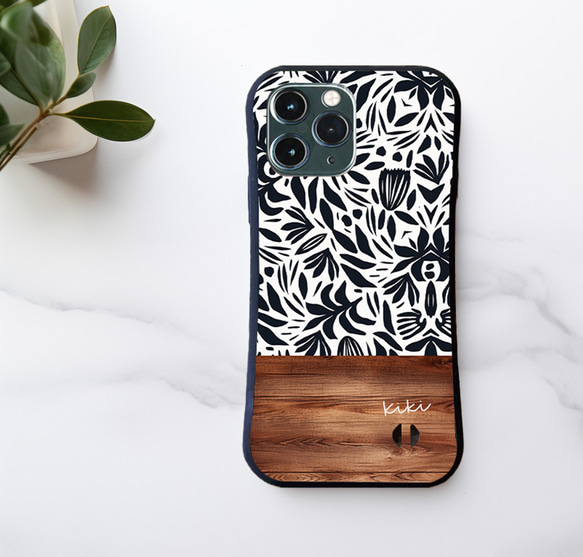 名入れ♪【耐衝撃グリップケース】BLACK WHITE HAWAIIAN ＆ WOOD iPhone  スマホケース