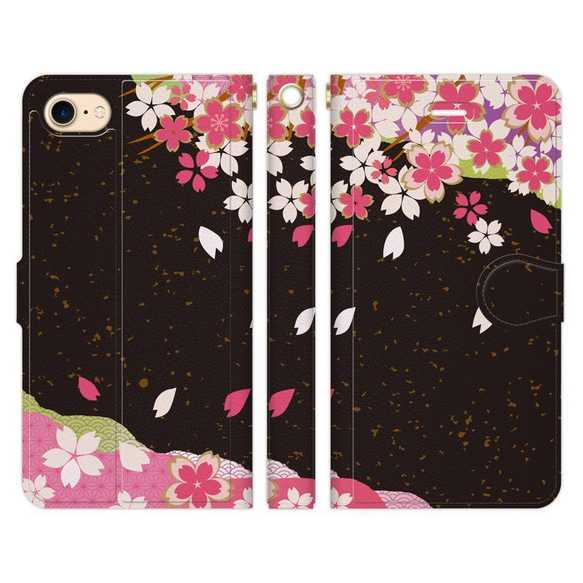 手帳型 スマホケース iPhone/アンドロイド 各種対応  和柄 桜吹雪