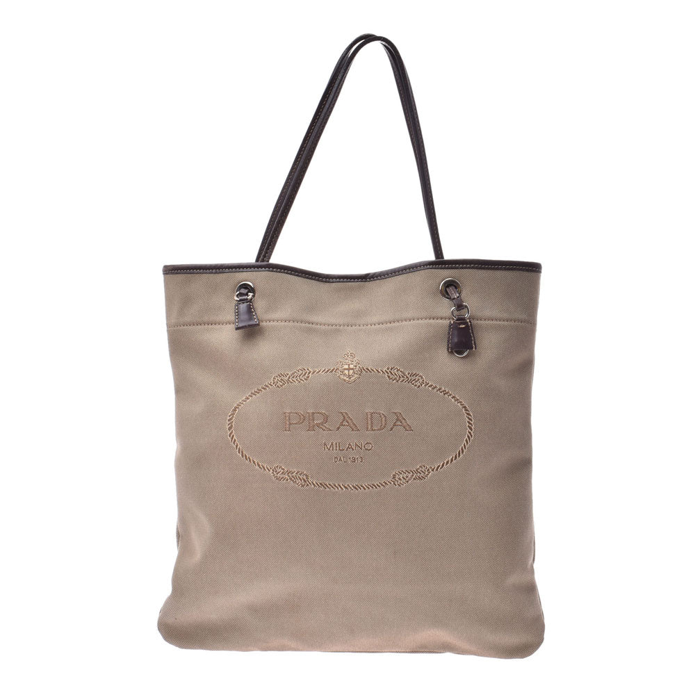 PRADA プラダ ロゴ カーキ系/ブラウン BR3581 ユニセックス キャンバス/レザー トートバッグ Bランク 中古 