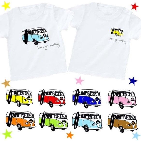 Lets go surfingカラフルバスＴシャツ★イニシャル＆数字入れられます★８０～大人サイズまで★