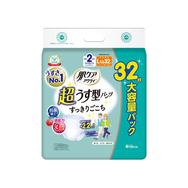 クレシア 肌ケア アクティ 超うす型パンツ 2回分吸収 L-LL 32枚 FC462RA-89049