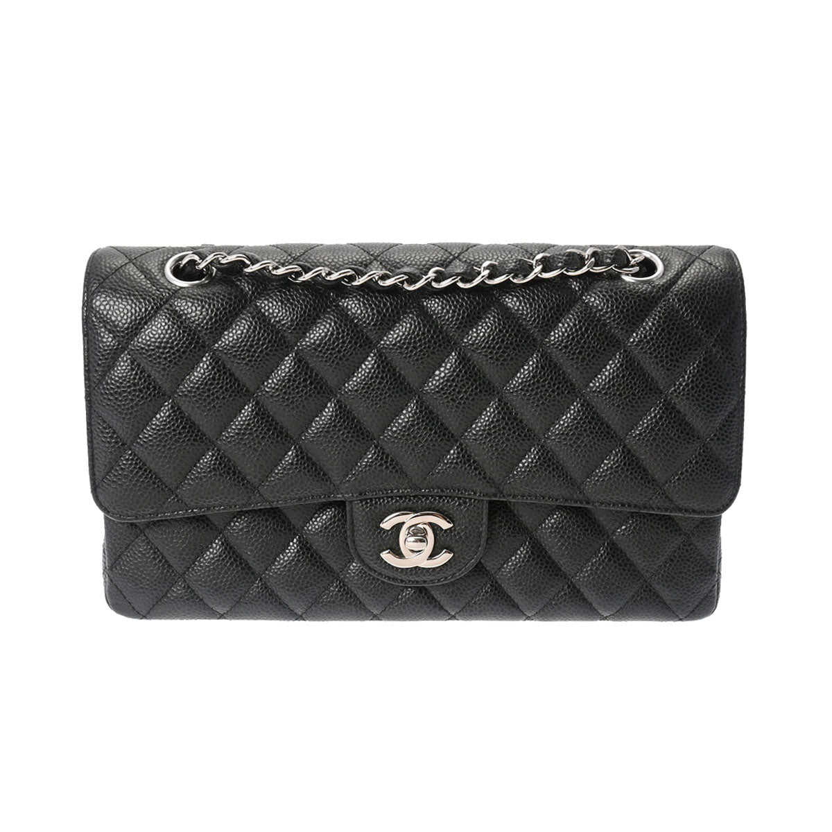 CHANEL シャネル マトラッセ Wフラップ チェーンショルダー 25cm 黒 シルバー金具 A01112 レディース キャビアスキン ショルダーバッグ Aランク 中古 