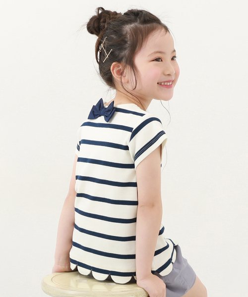 裾スカラップ 先染めボーダー ストレッチ 半袖Tシャツ 子供服 キッズ ベビー 女の子 トップス 半袖Tシャツ Tシャツ