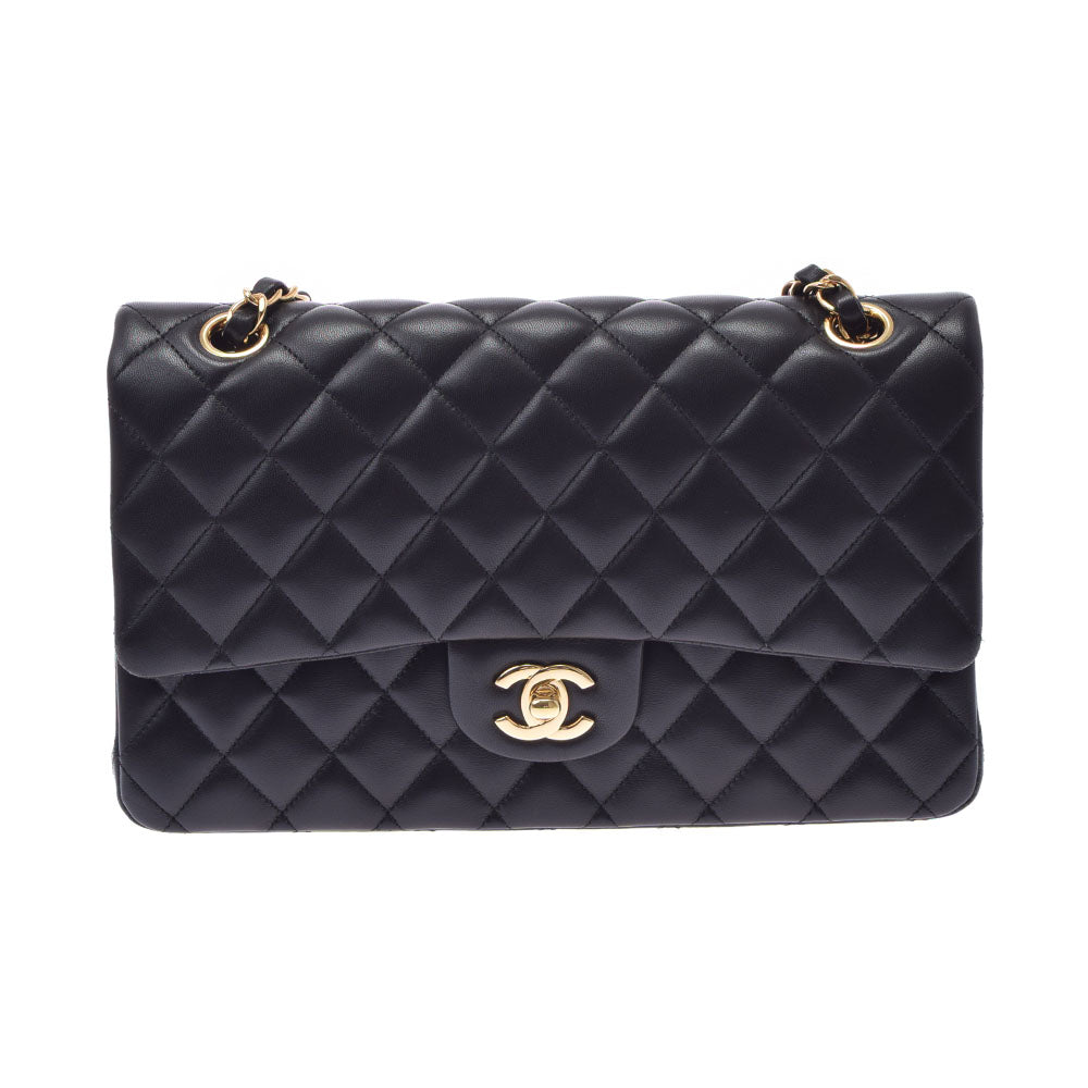 CHANEL シャネル マトラッセ チェーンショルダー Wフラップ 25.5cm 黒 ゴールド金具 レディース ラムスキン ショルダーバッグ Aランク 中古 