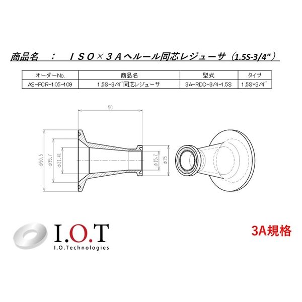 アイ・オー・テクノロジーズ 1.5S-3/4インチ　同心ヘルールレジューサ　3A-RDC-3/4-1.5S　1個（直送品）