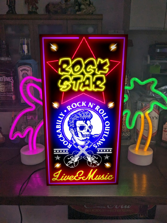 【Lサイズ】ロックスター ロッックギター ロカビリー スカル ライブハウス レコード 看板 置物 雑貨 ライトBOX