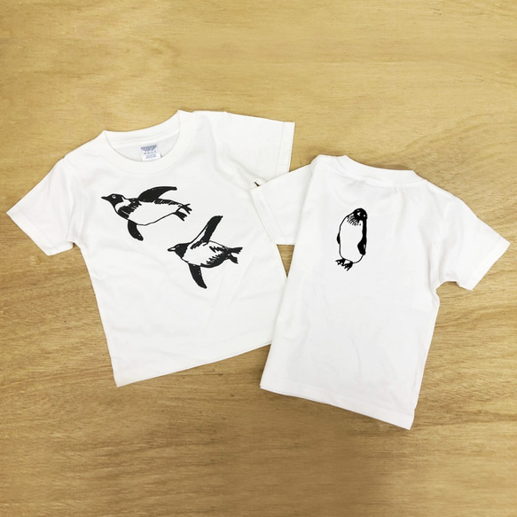 キッズ 泳ぐペンギン 白Tシャツ（インク色選べます）