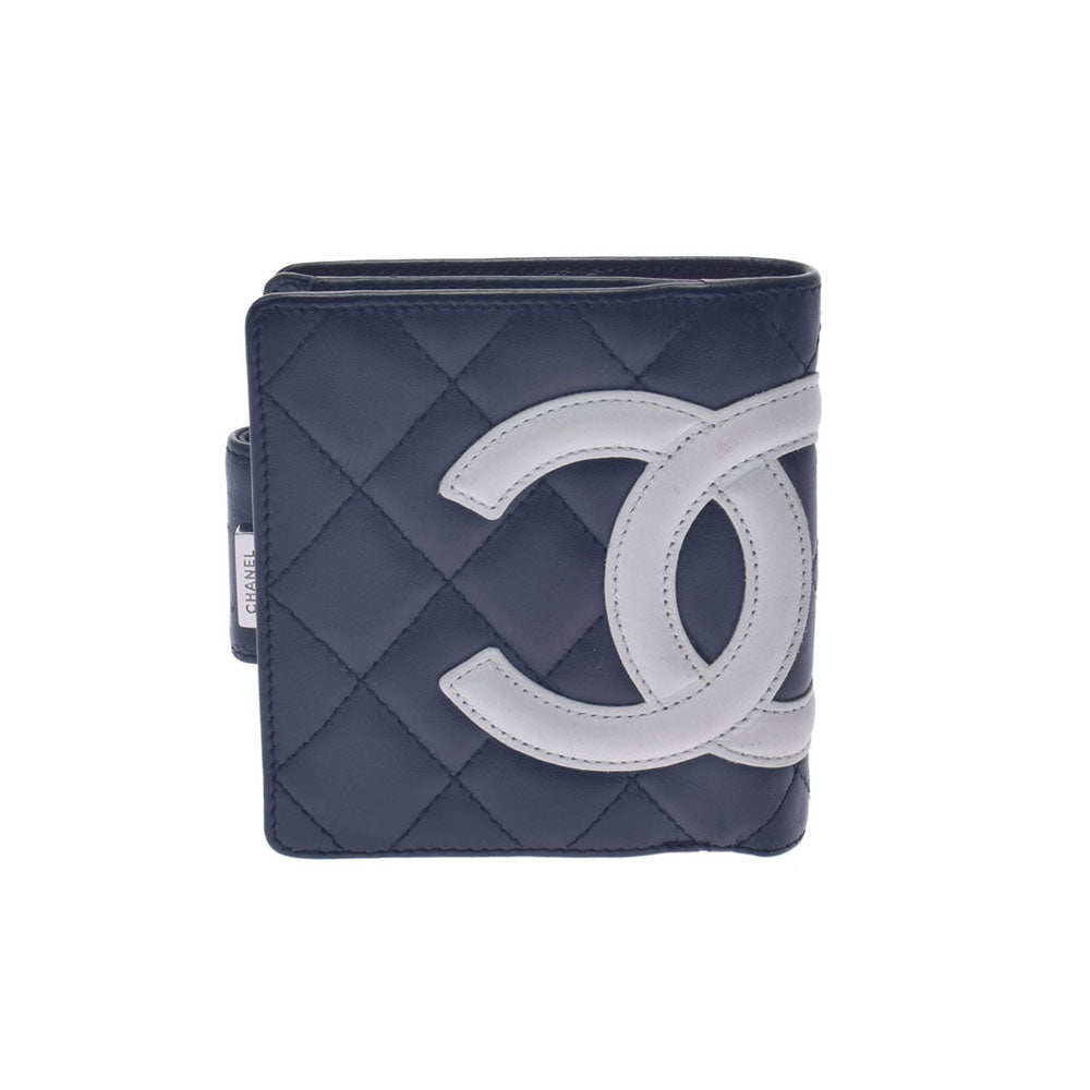 CHANEL シャネル カンボンライン 黒/白 レディース カーフ 二つ折り財布 ABランク 中古 