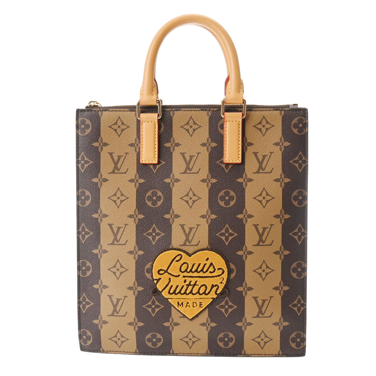 LOUIS VUITTON ルイヴィトン モノグラム ストライプ サックプラ LVスクアード NIGOコラボ ブラウン M45969 ユニセックス モノグラムキャンバス ハンドバッグ Aランク 中古 