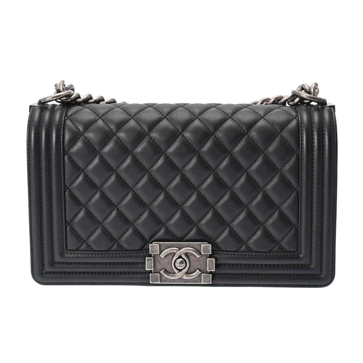 CHANEL シャネル ボーイシャネル チェーンショルダー 25cm 黒 アンティーク調シルバー金具 レディース ラムスキン ショルダーバッグ ABランク 中古 