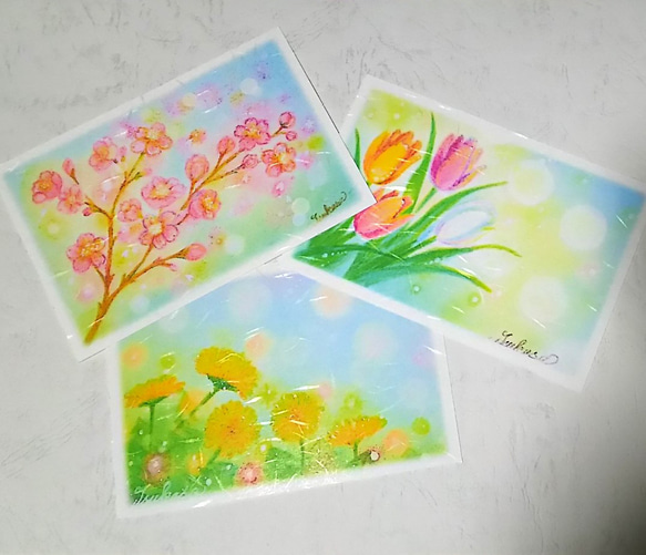 春の花３種の絵葉書(和紙)　桜・チューリップ・たんぽぽ　パステルアート