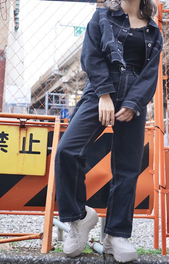 Black Denim Jacket&Wide Pants 2P SET UPセットアップ ブラック 黒 上品 きれいめ