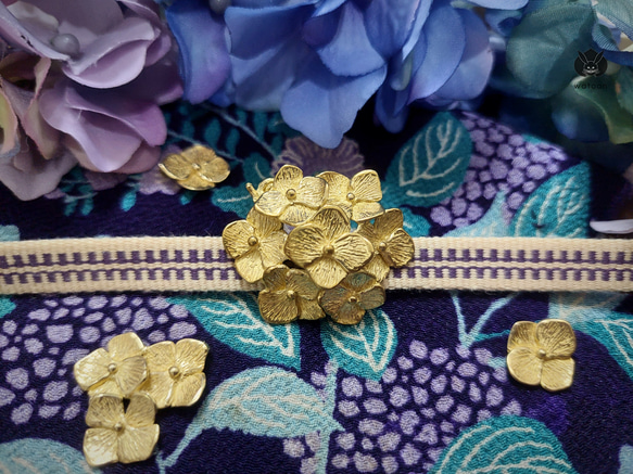 帯留め　紫陽花と蝸　brass