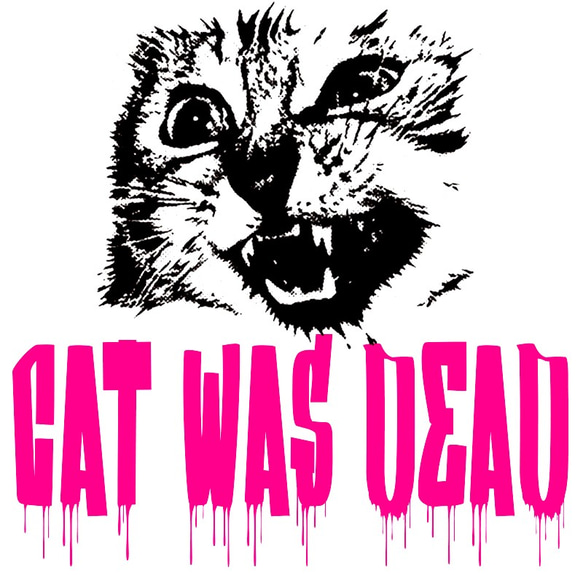 CAT WAS DEAD　フォント2　オレンジピンク　（ ポップでキッチュなホワイト Tシャツ ）【 シルクスクリーン