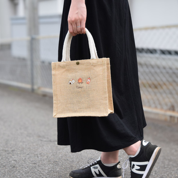 Camp!!刺繍ジュートバッグ 《ミニ》 ショルダー 2way キャンプ アウトドア かごバッグ