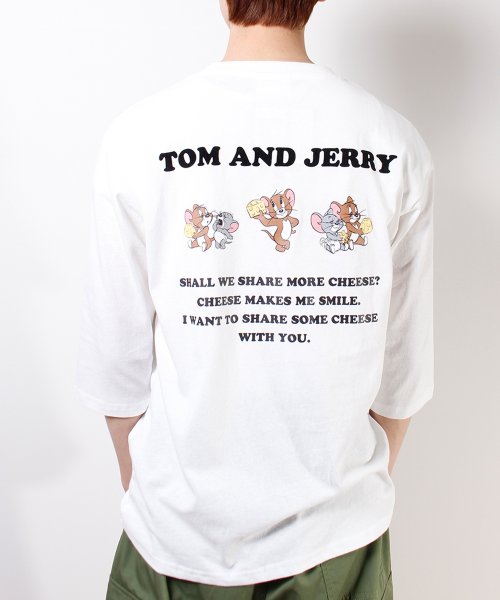 【TOM & JERRY/トムとジェリー】天竺ワンポイント刺繍クルーネック7分袖Ｔシャツ