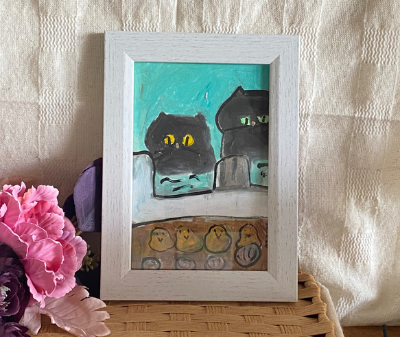 絵画。原画手描き【プールで泳いでいる2匹のかわいい黒猫】