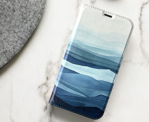 【ベルトなし手帳型】BLUE WAVES iPhone スマホケース 海 波 水彩 グラデーション 青 ブルー サーフ