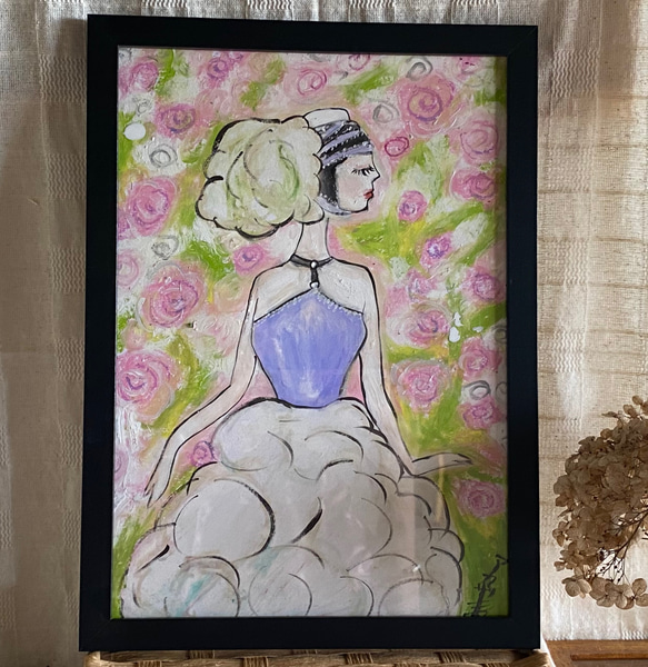 絵画 。壁掛け絵原画【美しいバラの庭で、楽しい踊る美しい少女】